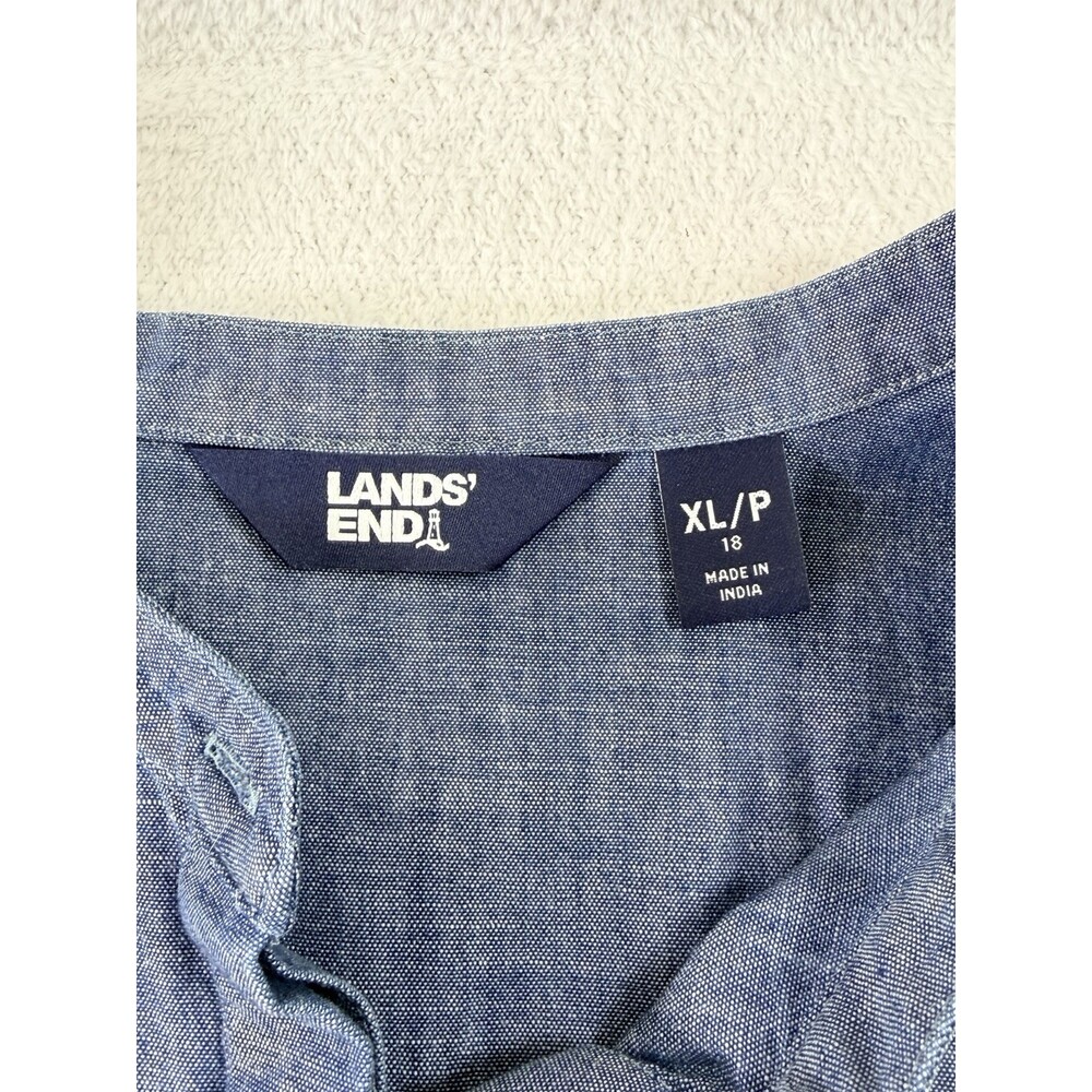 Lands End XL 18 Blue Chambray Tunic Band Collar Gathered Back Pockets EUC - Picture 3 of 7